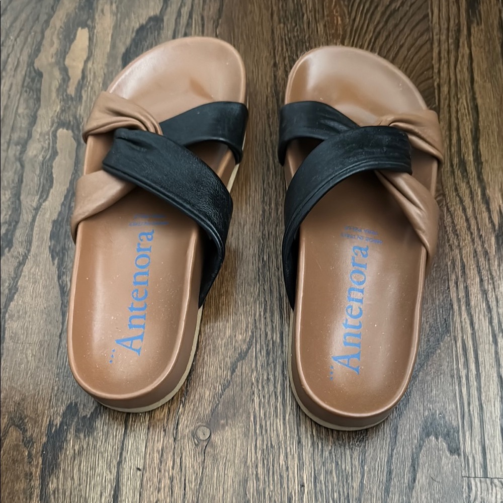 Women's Black and Brown Slide Sandals